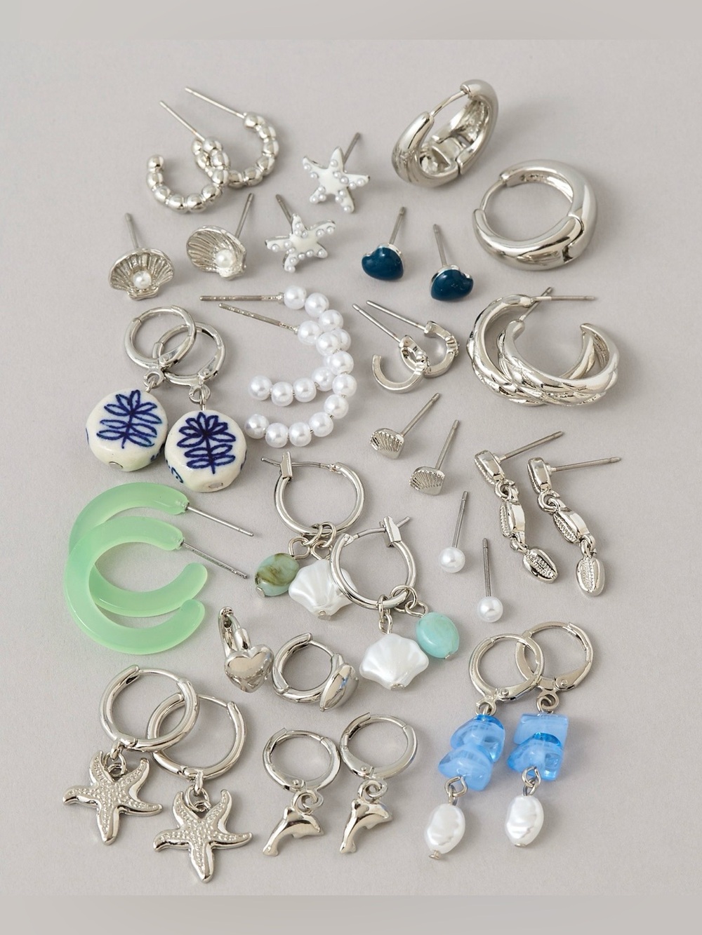 NWT American Eagle Heart Nautical Earrings 18-Pair Set Silver